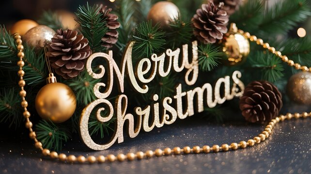 Merry christmas text decoration with pine cones and baubles on a christmas tree branch