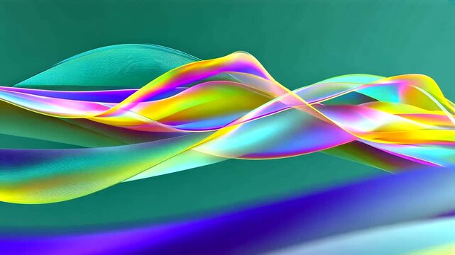 Abstract multicolored ribbons gracefully flowing across a teal gradient background
