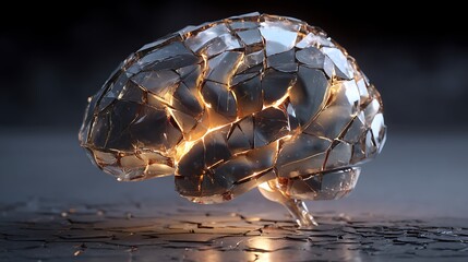 3D conceptual rendering of brain formed from cracked glass fragments, glowing inner core light, symbol of mental fatigue and confusion, dark moody background, 