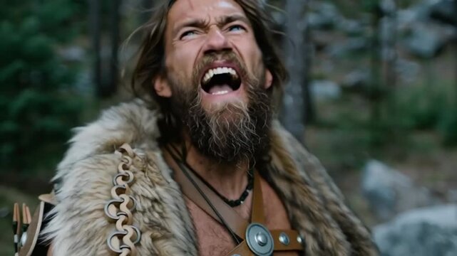 Bearded man screams in forest, intense expression of primal energy, rugged wilderness adventure during autumn