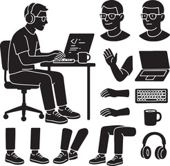Silhouette of a male programmer wearing headphones and glasses working on a laptop at a desk with various body part elements and computer accessories