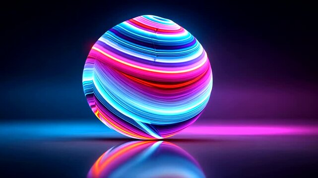 Glowing colorful striped spheroid sits on a reflective surface in a dark environment