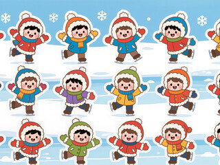 Cute chibi-style winter people pattern — kids in coats, mittens, hats, ice skating, seamless vector art