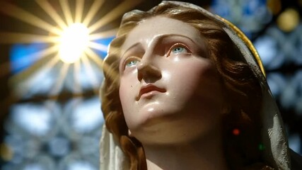 Serene statue gazes upward, soft light highlighting details, religious reverence in quiet contemplation, spiritual symbolism at a place of worship