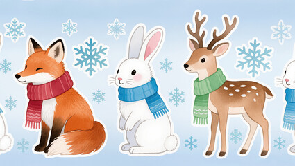 Watercolor Christmas animals pattern — fox, rabbit, deer, cozy scarves, snowflakes, seamless repeating design