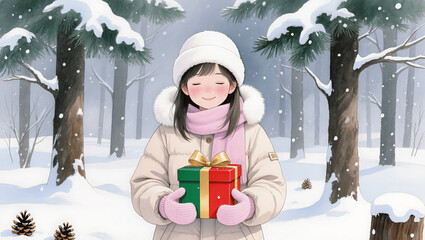 "Girl in winter clothes holding a Christmas gift in snowy forest, gentle smile, cozy holiday mood, watercolor style