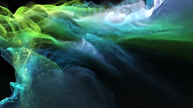 Abstract fluid simulation with waves of green, blue, and white on a grid and dark background