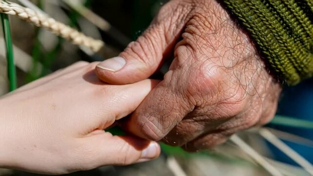 Elderly hand and young hand clasping, symbolizing generational connection, outdoors in a natural setting, warmth and care during springtime