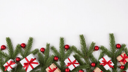 Minimalist Christmas composition with green pine branches, red ornaments, and gift boxes, modern aesthetic, no humans