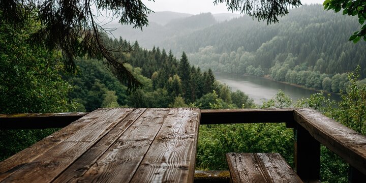 Rainy day view of a tranquil lake and forest from a wooden picnic table in a scenic location - Powered by Adobe