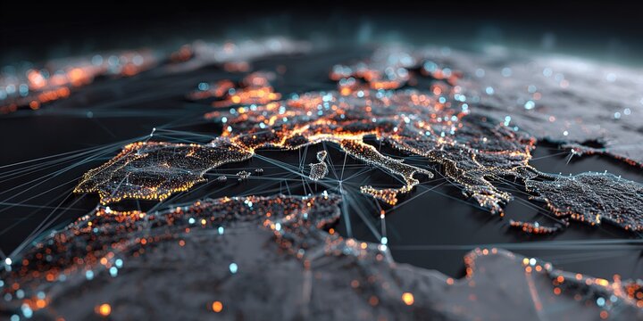 European digital network with illuminated city locations and connected lines showing modern technology and infrastructure development