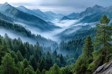 Fototapeta premium Misty Mountain Valley with Lush Green Pine Forest