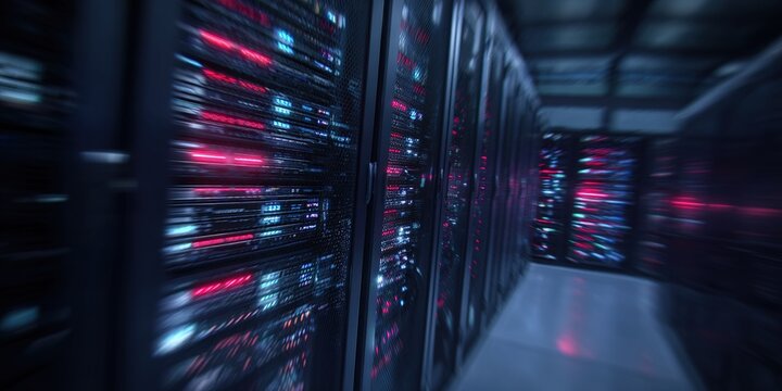 Data center hallway filled with servers displaying colorful lights in a modern technology environment