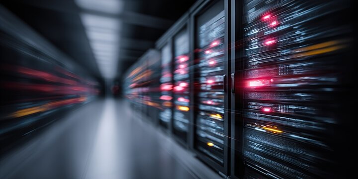Modern data center showcasing powerful servers and vibrant LED lights within a high-tech environment at night
