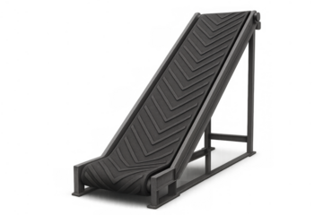 Industrial conveyor belt moving materials up an incline, automating production and assembly processes, transparent background