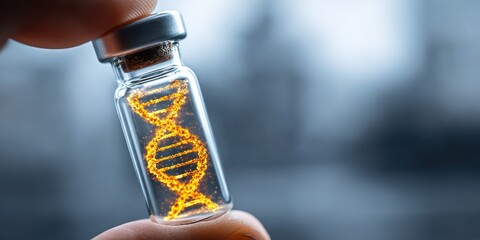 Scientific breakthrough with glowing DNA in a glass vial held by a researcher showcasing advancements in genetics