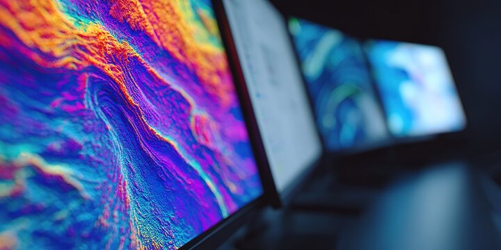 Colorful abstract digital screens displaying vibrant textures and patterns in a modern workspace during evening hours