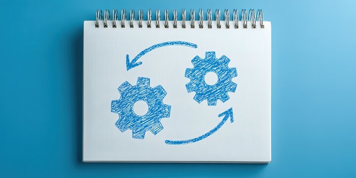 Sketch of interlocking gears with arrows depicting mechanical movement on a notepad against a blue background