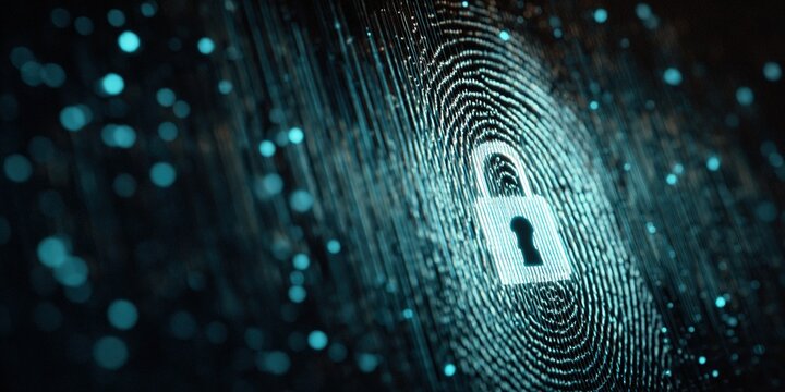 Digital security concept with fingerprint and lock symbol representing modern cybersecurity measures in a technological background - Powered by Adobe