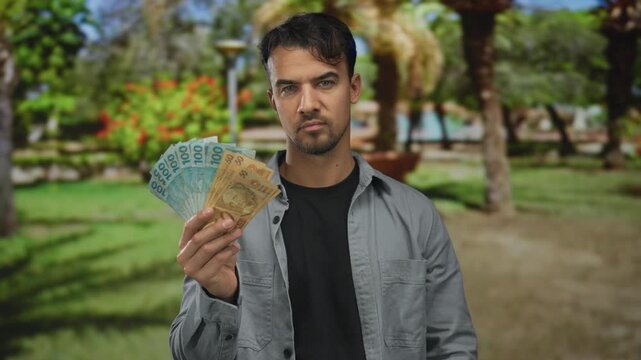 Young hispanic man holding brazilian banknotes thoughtfully standing in a lush outdoor park with tropical trees and vibrant greenery in the background.