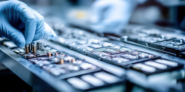Engineers assembling components in a high-tech facility during a focused electronic manufacturing process