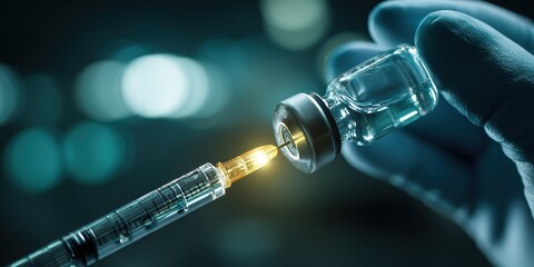 Syringe prepares to draw vaccine from vial in bright and vivid healthcare setting at dusk