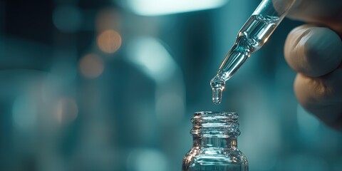 Dropping clear liquid from dropper into small glass vial during lab experiment process