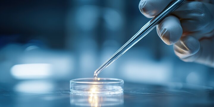 Scientist uses pipette to transfer liquid into petri dish in laboratory setting
