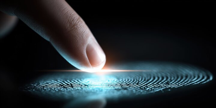 Close-up view of a finger touching a glowing fingerprint pattern on a dark background