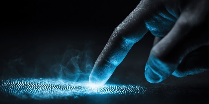 Digital fingerprint scanning process with glowing design elements in a dark setting