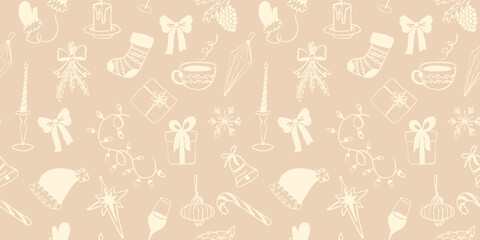 Beige Christmas seamless pattern with festive elements. Background with candles, bows, gifts, and ornaments