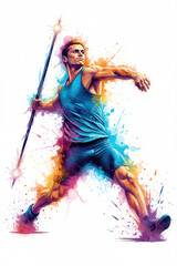 Isolated Rainbow Sports - Intense Watercolor Splash Captures Male Javelin Thrower's Launch Momentum