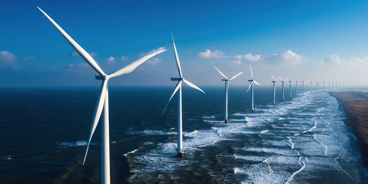 Wind turbines stand tall along the coast, harnessing energy from strong ocean winds on a clear day - Powered by Adobe