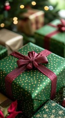 Green Christmas gifts with red ribbon