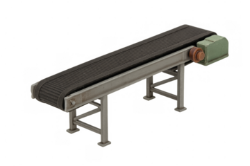 Conveyor belt system in an industrial setting performing tasks on a transparent background, representing manufacturing and logistics