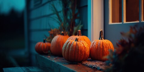Colorful pumpkins on a porch at dusk during the autumn season with a cozy atmosphere