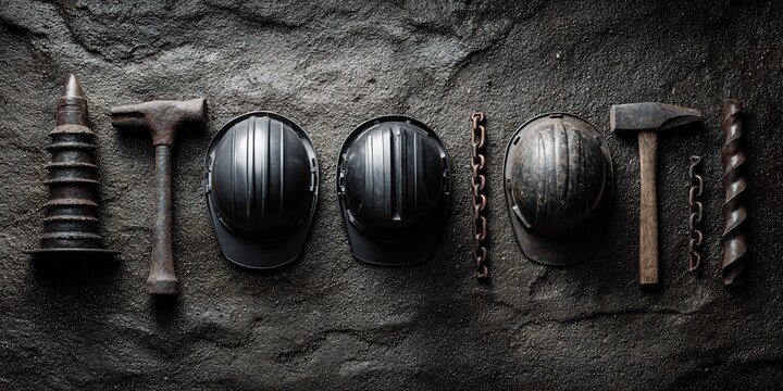 Collection of construction tools and hard hats arranged on dark stone surface