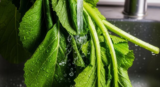 Washing Fresh Green Leafy Vegetables Under Running Water In A Kitchen Sink - Powered by Adobe