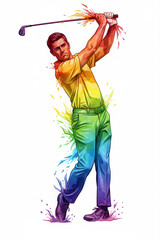 Isolated Rainbow Sports - Energetic Watercolor Splatter Captures Male Golfer's Powerful Mid-Drive Swing