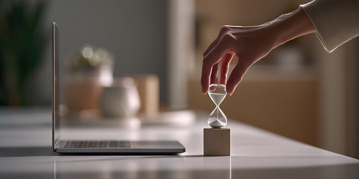 Hand setting hourglass beside laptop on modern desk in bright room during daytime
