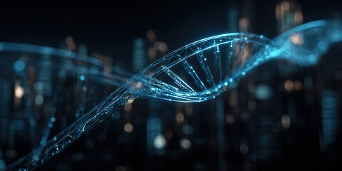 Digital representation of DNA strands highlighting genetic structure and scientific innovation in a futuristic cityscape