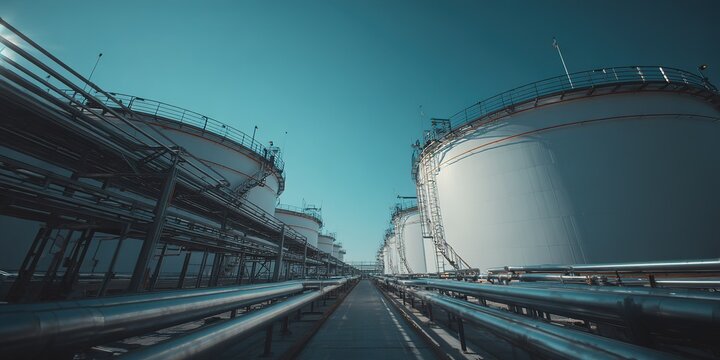 Large industrial storage tanks in an oil facility under bright blue sky during daytime
