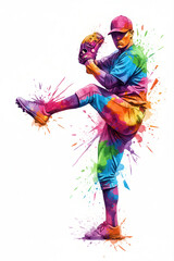 Isolated Rainbow Sports - Focused Male Baseball Pitcher Mid-Windup Throw With Explosive Watercolor Splatter Kinetic