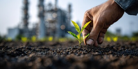 Hands planting young green plant in rich soil near industrial complex during bright day