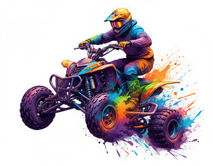Isolated Rainbow Sports - Aggressive Quad Bike Rider Jumping With Explosive Liquid Paint Splatter Thrill