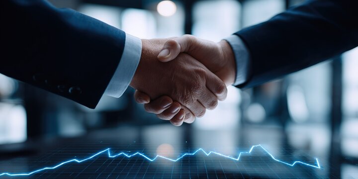 Business agreement is finalized with a handshake during a meeting at a modern office