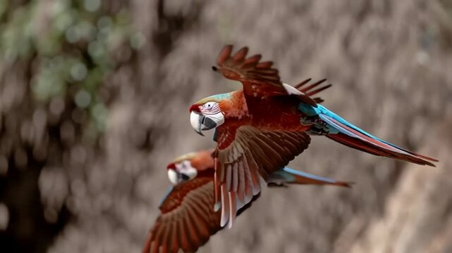 Vibrant macaws soaring through the sky, colorful feathers catch sunlight, tropical escape symbolizing freedom and nature's beauty