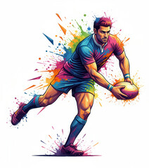 Isolated Rainbow Sports - Focused Male Rugby Player Running Ball With Explosive Watercolor Momentum Splatter