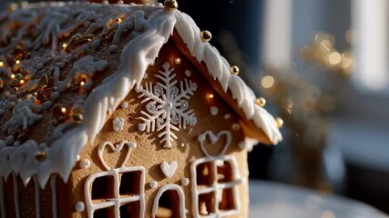Cozy gingerbread house with icing details, festive holiday atmosphere, warm and inviting Christmas decoration - Powered by Adobe