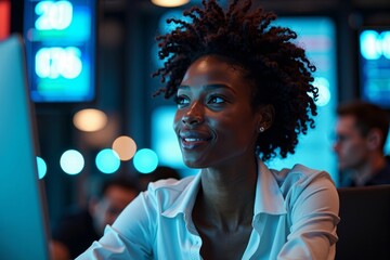 Black Female Data Analyst is Surrounded by Vibrant Neon Lights